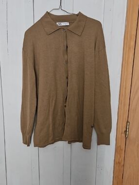 ZARA Camel Button-Up Collared Cardigan